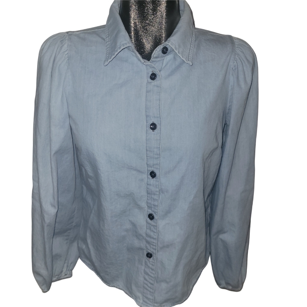 Tribal Jeans Light Blue Denim Look Button-Up Puffed Sleeve Shirt Size XS